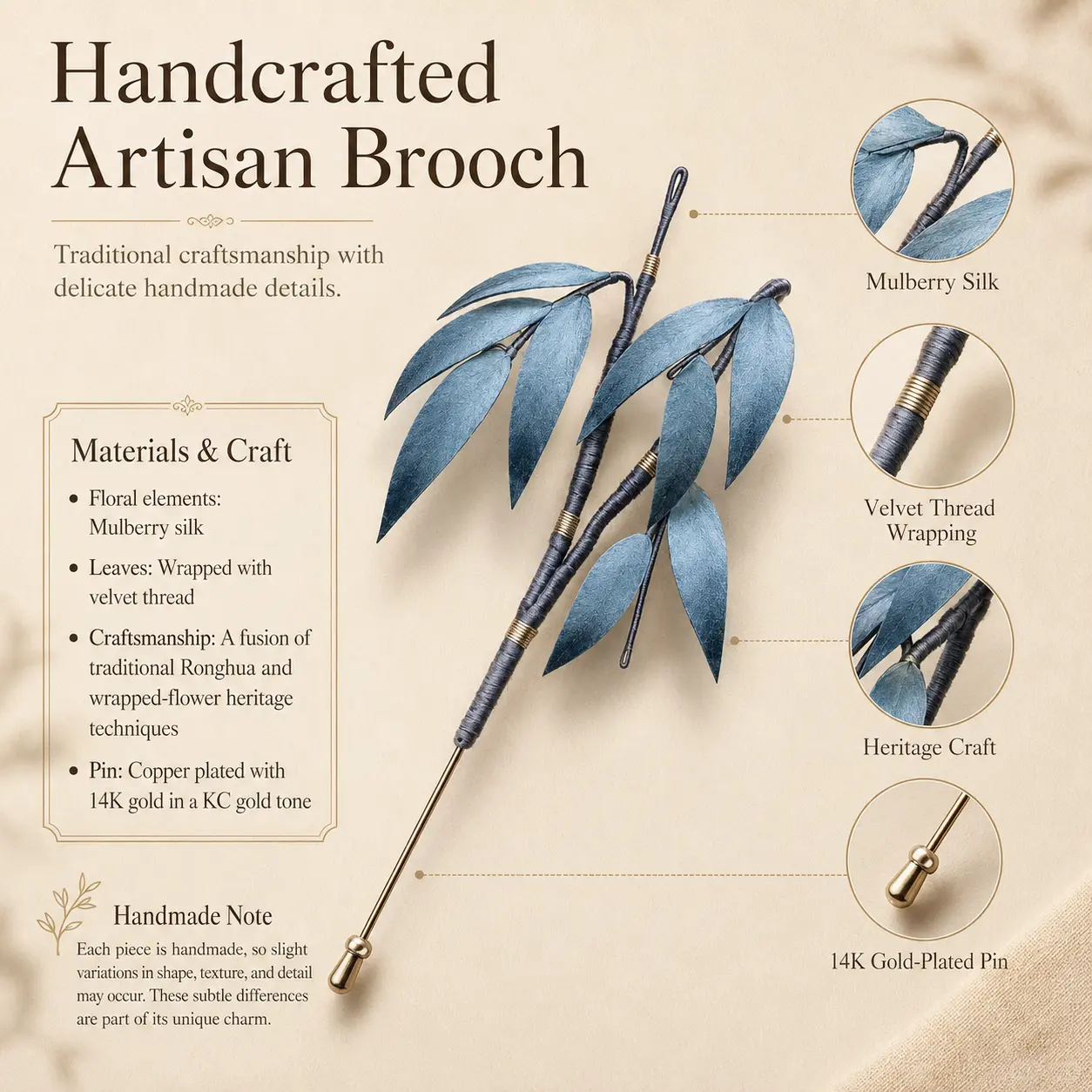 Bamboo in Blue — Handcrafted Silk Brooch detail 5