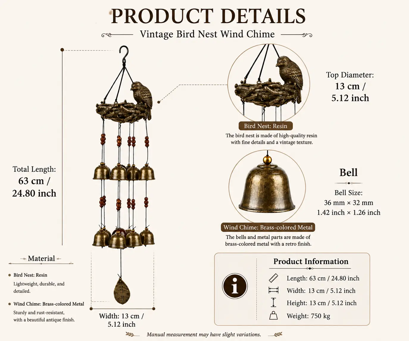 Vintage Bird Nest Wind Chime detail 5