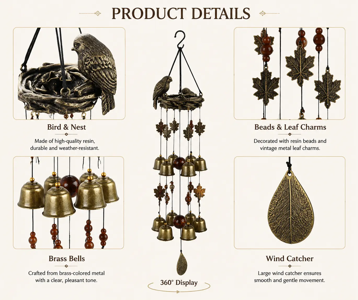Vintage Bird Nest Wind Chime detail 4
