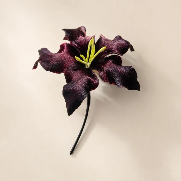 Midnight Bloom Ronghua Silk Brooch handcrafted mulberry silk Ronghua floral brooch on a light background