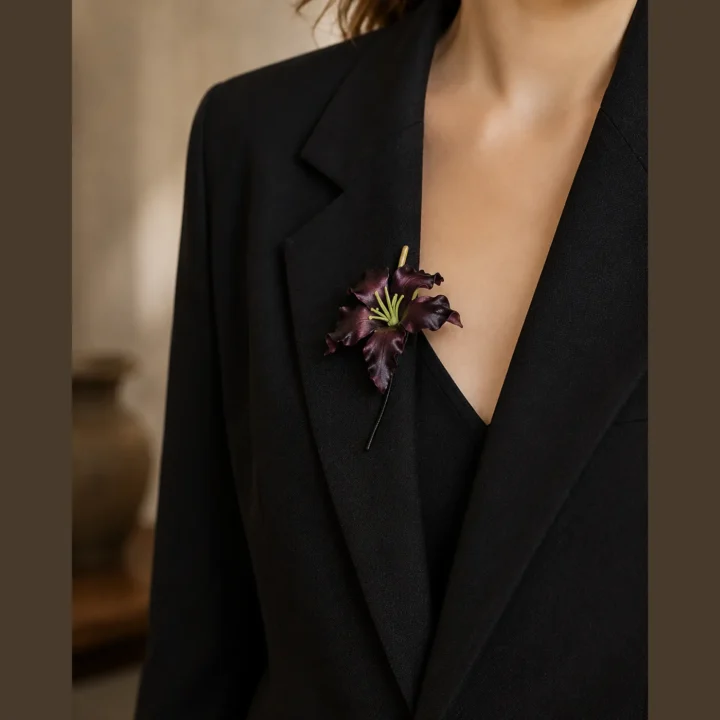 Midnight Bloom Ronghua Silk Brooch styled or worn view