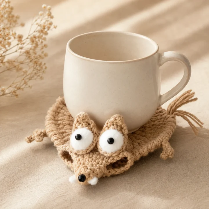 Mischief Fox Crochet Cup Coaster styled or worn view