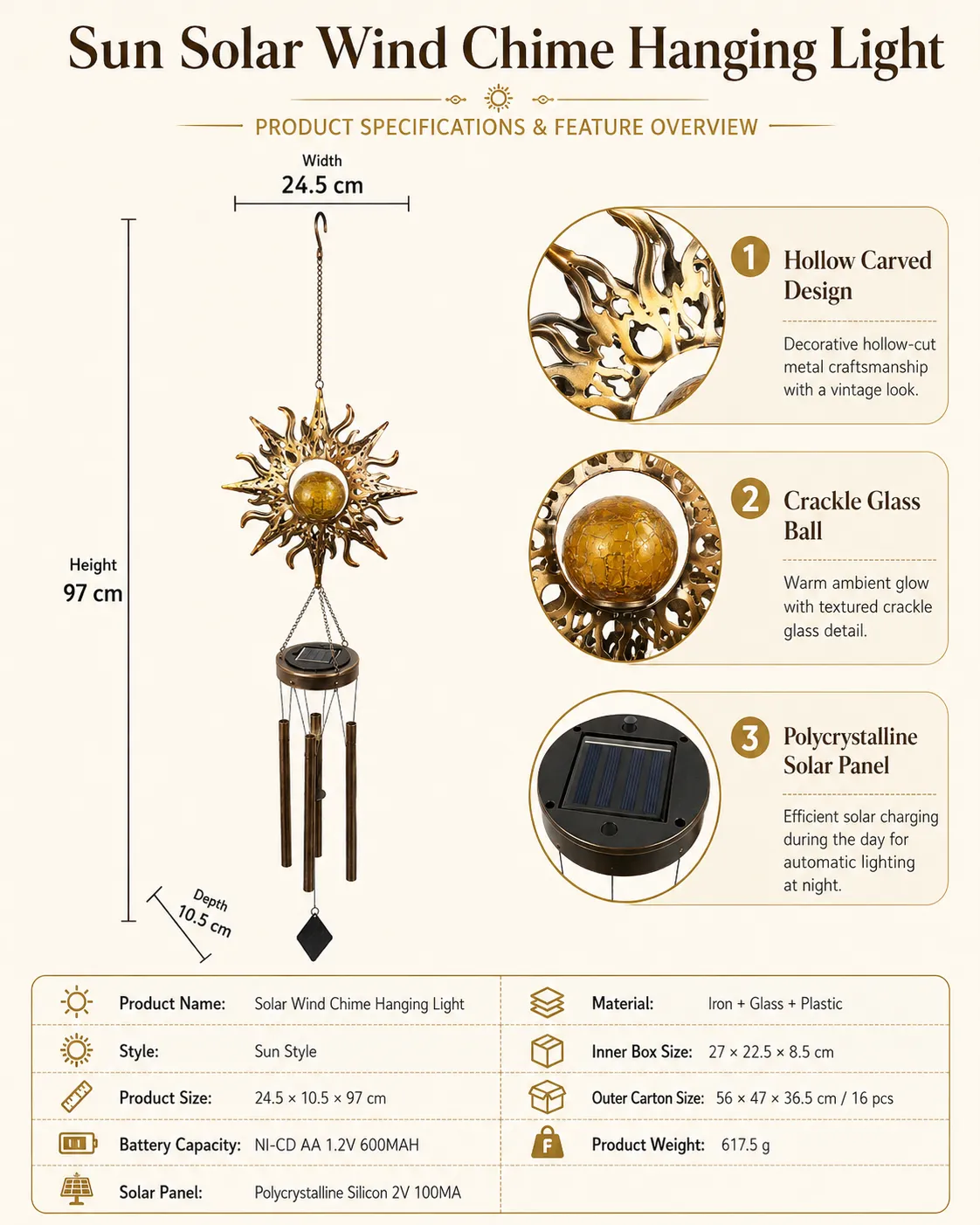 Sun Solar Wind Chime Hanging Light detail 5