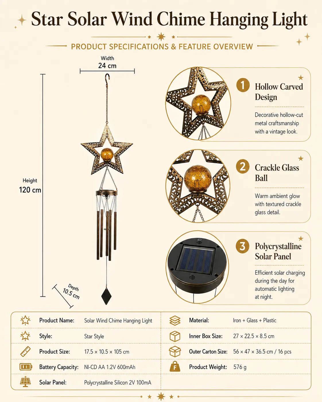Star Solar Wind Chime Hanging Light detail 6