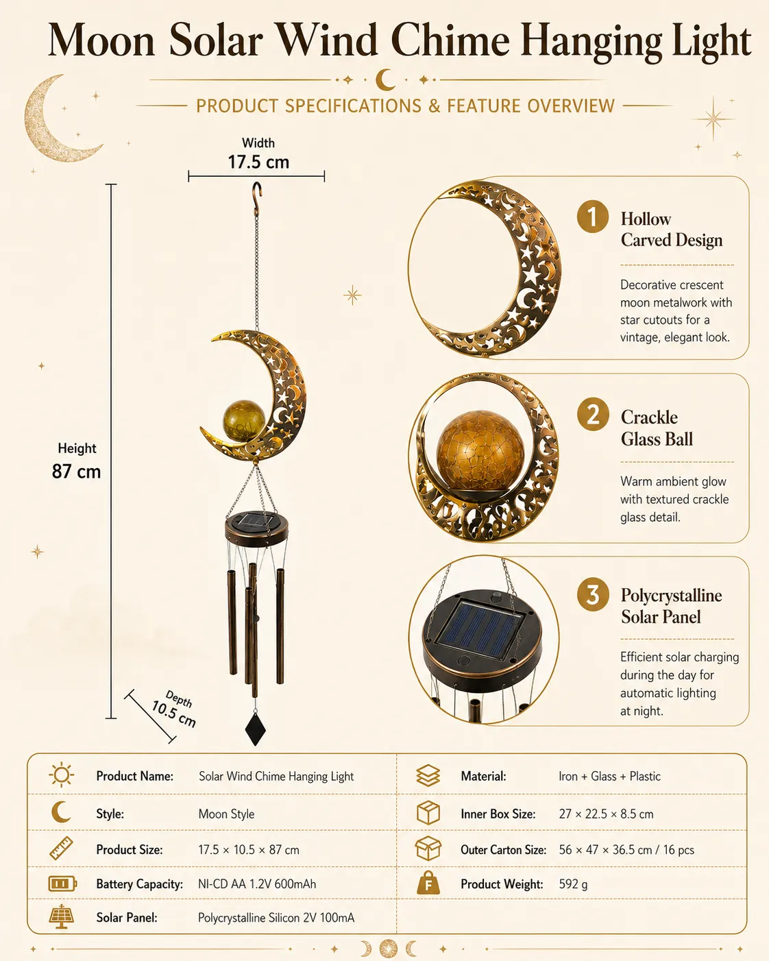 Moon Solar Wind Chime Hanging Light detail 6